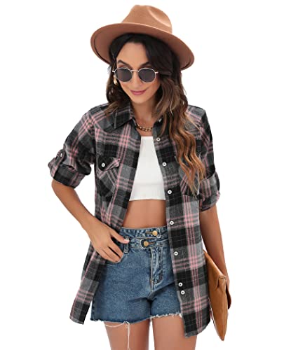 Siliteelon Womens Flannel Plaid Shirts Roll Up Long Sleeve Button Down Cotton Oversized Cuffed Blouse Tops Pink&Grey Large #TOP3