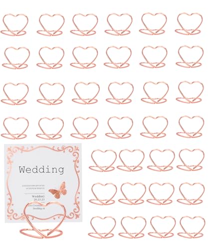 YUCHIYA 36 Pcs Heart Table Number Holders - Rust-Resistant Metal Place Card Stands for Weddings, Office & Home Decor (Rose Gold)
