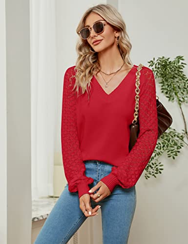 Image of BMJL Womens V Neck Sweaters Dressy Casual Winter Long Sleeve Tops Knit Puff Sleeve Pullover