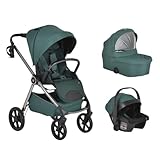 Cangaroo Kombikinderwagen Unique 3 in 1 Babyschale Stoßdämpfer PU-Räder Tasche, Farbe:grün