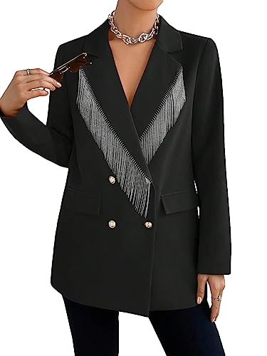 WDIRARA Women's Fringe Trim Double Breasted Long Sleeve Open Front Elegant Blazer Work Office Jacket