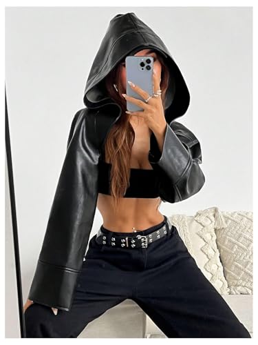 GORGLITTER Women's Pu Leather Shrug Bolero Jacket Long Sleeve Backless Hooded Crop Coat4