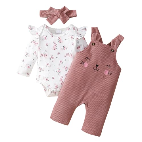 infant Girl fall Outfits 3-6 Months baby winter clothes sets long Sleeve floral romper Purple corduroy Overalls pants 3pcs