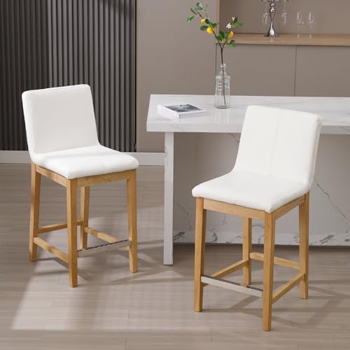 DM Furniture Counter Height Bar Stools Set of 4 Faux Leather Upholstered Kitchen Island Stools with Back and Distressed Wood Legs 26\" Midcentury Modern Bar Stool for Home Bar/Patio/Cafe, White