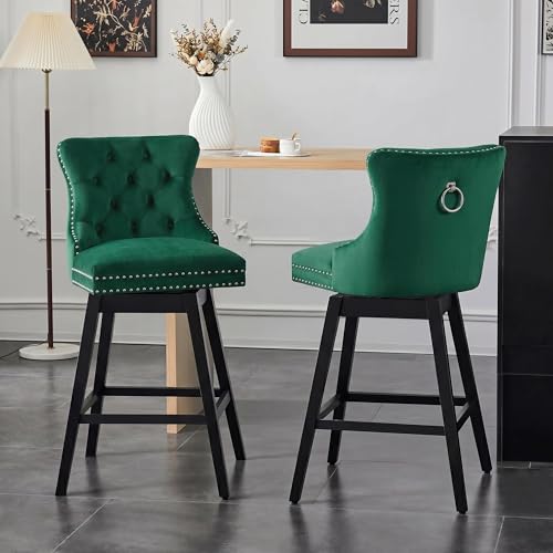 Image of Green Swivel Bar Stools, Velvet Counter Height Bar Stools Set of 2 | 360 Swivel Bar Chairs, Solid Wood Legs, Upholstered Kitchen Island Stools, Modern Extra Wide Seat (Green, 30 inch H, 2 Pack)