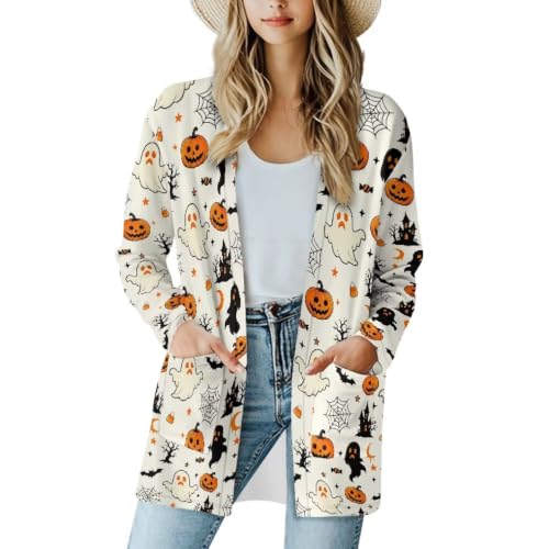 Image of Fall Maple Leaf Cardigan Sweaters for Women Long Sleeve Cardigan Soft Drape Open Front Dusters V-Neck Jackets Dressy