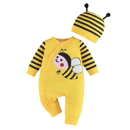 Générique 0-12 Mois, Automne Hiver bébé vêtements Nourrisson garçon Fille Casual Combinaison Manches Longues Striation Combinaison avec Chapeau bébé Maison Tenue (Yellow, 3-6 Months)
