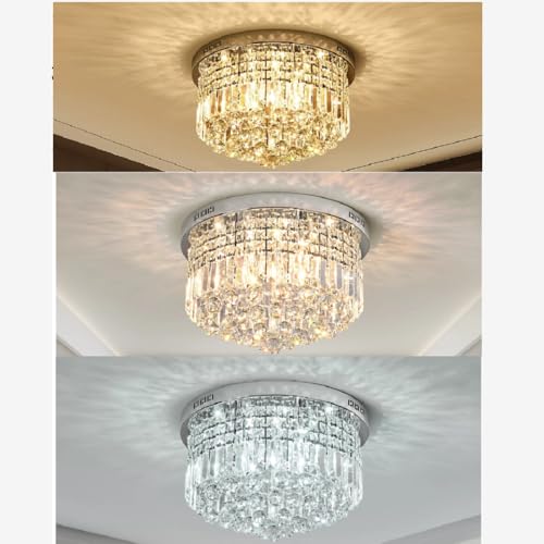 Image of Flush Mount Ceiling Light Fixture for Bedroom, 20-in Wide Dimmable Crystal Chandelier, Chrome Finish, Video Availablle for Easy Installation
