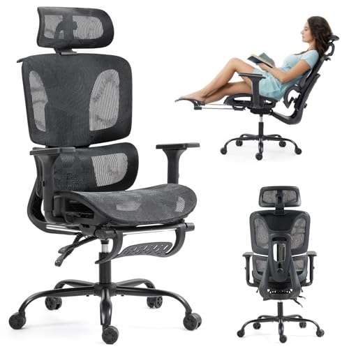Image of ECOTOUGE Ergonomic Office Chair with Footrest, High Back Mesh Computer Chair with Adjustable Lumbar Support, Rolling Swivel Desk Chair for Home Office, Gaming Chair with Headrest and Wheels, Black