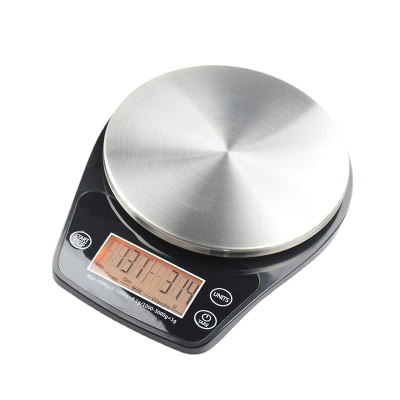 Stainless Steel Food Scales,Stainless Digital Kitchen Scale with LCD Display Smart Brewed Timing Electronic 0.1-3000g Black Scales