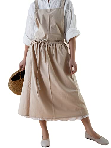 Achsoo Grembiule in Cotone Tinta Unita Impermeabile con Tasche Cinghie Incrociate sul Retro Grembiuli con Bavaglino Casual Gonna Rotonda Abito per Cucina Giardinaggio Caffetteria (Beige-A)