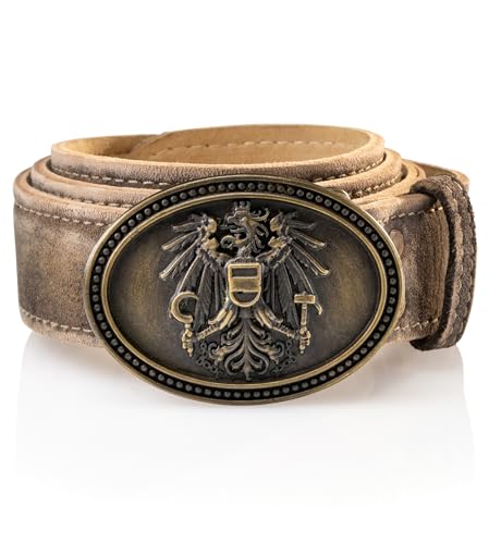 Schöneberger Trachten Couture Herren Trachtengürtel Österreich Ledergürtel mit Austria Adler Schnalle Lederhosen Gürtel aus Wildbock-Leder Franco (Torf BW110(54-56)