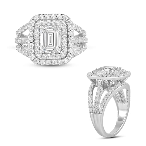 Jewelili Fine Silver Plate Octagonal & Round-cut Cubic Zirconia Halo Engagement Ring Wedding Fashion Jewelry for Women