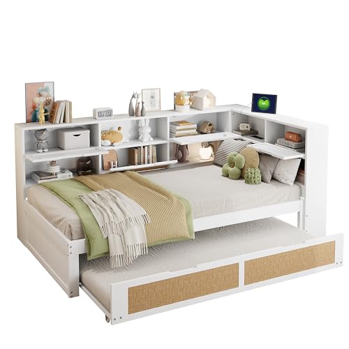 Goldicoo Cama de día extensible 90 x 200 cm con cama nido de 90 x 190 cm, sofá cama, cama infantil, cama individual con estante abierto, madera