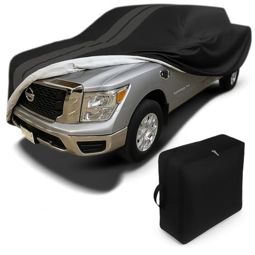Image of SR1 Performance USA Ultraguard Truck Cover for 2004-2026 Tundra & Titan Crew Cab - Custom Fit, 300D Water Resistant, UV Protection, Soft Lined Indoor /Outdoor Pickup Cover (Black with Gray Stripes)
