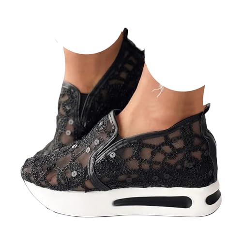 Women's Floral Embroidery Mesh Sneakers Breathable Slip On Wedges Walking Shoes Fashion Sequin Lace Platform Sneakers Hidden Wedge High Top Comfort Work Outdoor Travel Sports Shoes