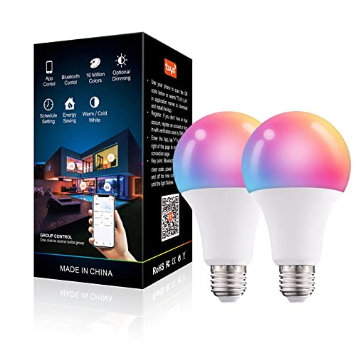 Lot de 2 ampoules intelligentes, ampoule à changement de couleur à intensité variable, contrôlée par application Tuya, 10 W, 16 millions de couleurs, ampoule LED Bluetooth E27 pour chambre, salon Cover