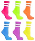 NEON NATION 6 Pack - Unisex Adult Size Colored Mid Calf High Sock with Two Colored Stripes