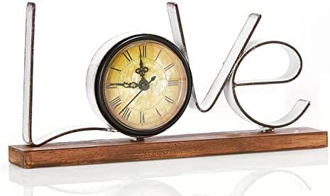 Yawill Table Clock - 5.12" H Antique Metal Wood Clock Vintage Greyish White Love with Battery Operated Round Quartz Clock for Living Room Dining Room Bedroom Office (Love)