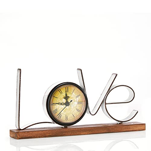 Yawill Table Clock - 5.12" H Antique Metal Wood Clock Vintage Greyish White Love With Battery Operated Round Quartz Clock For Living Room Dining Room Bedroom Office (Love) #TOP14