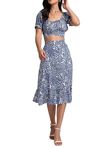 LYANER Women's 2 Piece Outfits Floral Self Tie Knot Crop Top and Midi Skirt Set4