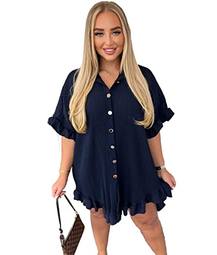eyes Women’s Gold Button Pleated Short Sleeve Plain Collared Frill Hem Ladies Casual Loose Fit Oversized Baggy Plus Size Swing Summer Dresses for Women Navy One Size 8-22