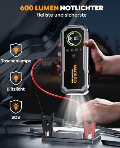 NACKEO 8000A Starthilfe Powerbank mit Kompressor 160PSI, 12V Auto Starthilfe Powerbank für alle Benzin und 12L Diesel, 20000mAh Starthilfegerät mit Starthilfekabel, 600 Lumen LED-Licht und LCD-Bildschirm - Funktionsansicht 5 | Tages Deals