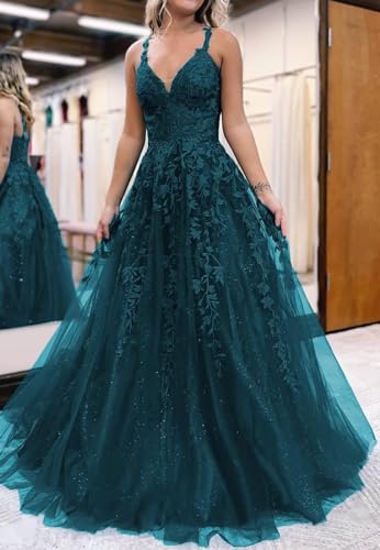 GARDOM Spaghetti Straps V Neck Glitter Prom Dresses 2024 Appliques Tulle Long Prom Dress Ball Gowns Fairy Wedding Gown4