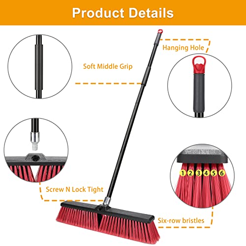 18 Inches Push Broom Outdoor Garden Broom With 63" Long Handle For Deck Driveway Garage Yard Patio Concrete Floor Cleaning(Red) #TOP4