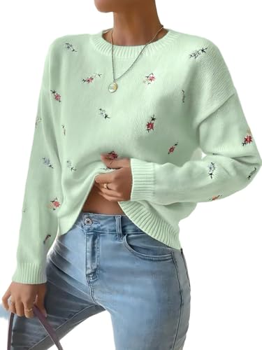 Women Ditsy Floral Embroidered Sweater Crewneck Long Sleeve Pullover Knitwear Loose Knit Jumper Tops