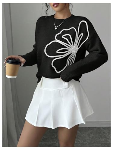 Image of RoseSeek Women's 3D Floral Appliques Crewneck Sweaters Long Sleeve Drop Shoulder Pullovers Elegant Knit Tops