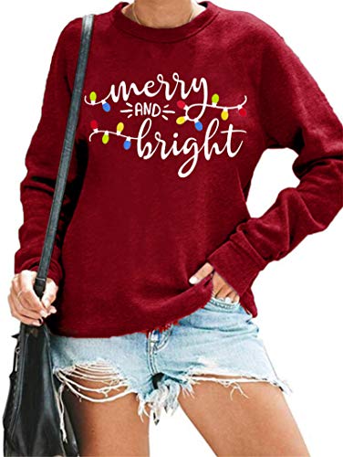 Christmas Sweatshirt Women Merry And Bright Christmas T-Shirt Funny Xmas Lights Blouse Tops Holiday Shirts (Wine Red, Medium) #TOP10