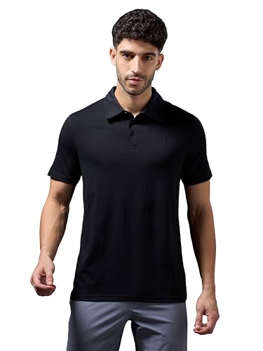 Image of TECHNOSPORT Men's Solid Slim Fit Polo Collar T-Shirt COTFLEX Half Sleeve Button Polyester for Gym Running Workout UPF50+ Anti Odour