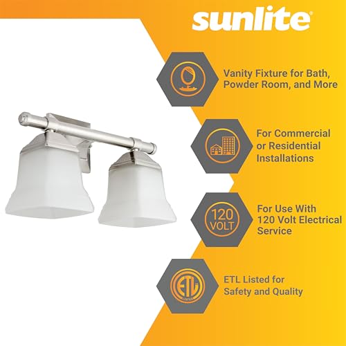 Image of Sunlite 46062 14 inch Modern Square Bell Vanity Wall Mount Light Fixture, Medium Base (E26) Socket, Standard A19 Bulb Required (100W Max), Frosted Glass Shade, ETL Listed, 2 Light Brushed Nickel Finish