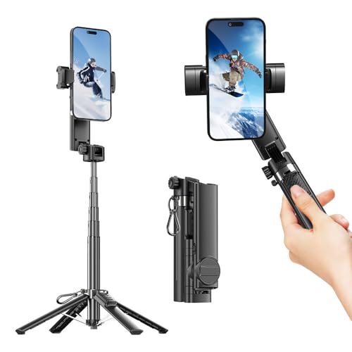 Jemey Gimbal Stabilizer for Smartphone, 360° Rotation Extendable Selfie Stick Tripod with Wireless Remote, Auto Balance 1-Axis Smartphone Gimbal for Live Video Recording, Tiktok, Vlog, YouTube