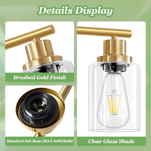 Image of 3-Light Brushed Gold Vanity Lights, E26 Modern Bathroom Light Fixtures with Clear Glass Shade, Wall Lamps for Mirror Kitchen Hallway Cabinet Living Room Sconces Lights
