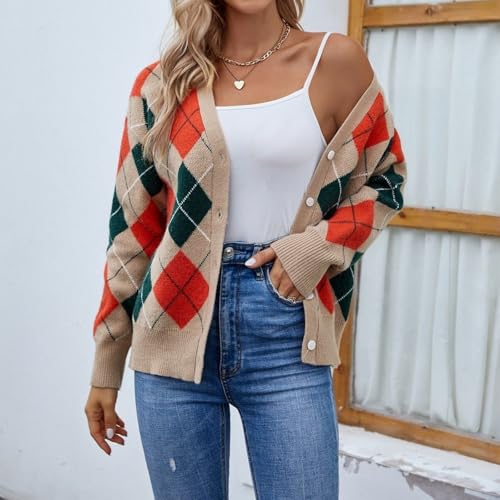 Image of Women's Long Sleeve Cardigan Sweater,Cute Y2K Top Knit Colorful Patterned V Neck Button Outwear S~XL