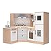 BVIUNTWO Play Kitchen Toy Set, Wooden Kids Kitchen Playset with Real Lights & Sounds, Sink, Stove, Oven, Ice Maker and Accessories for Toddlers Ages 3+, White and Light Wood