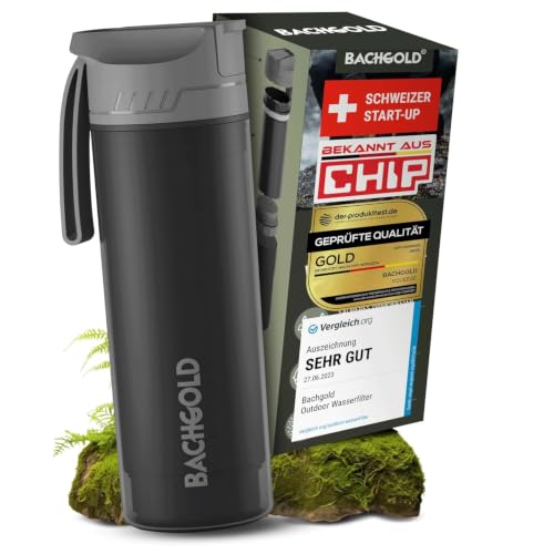 Bachgold Selfpress Botella con Filtro de Agua, Potabilizador, 500 ml, Negro | Elimina 99,99% bacterias – filtra microplásticos y cloro – fibra hueca + carbón activo – agua potable en camping, senderismo