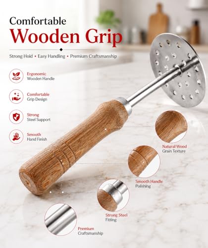 Image of Ajay's Shoppe Heavy Duty Stainless Steel Potato Masher 20.5 CM | 10.2 CM Wide Base Pav Bhaji Masher with Wooden Handle for Kitchen Use