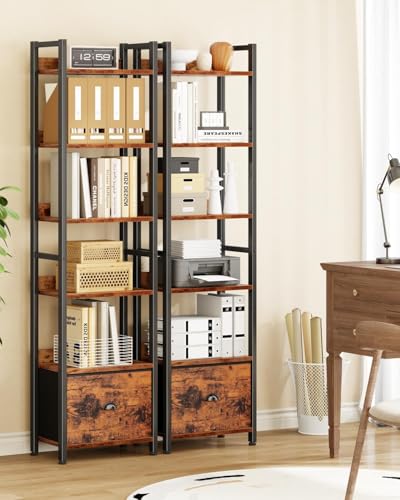 Image of Furologee 6 Tier Bookshelf, Tall Shelf with Drawer, Wood and Metal Bookshelves Storage Organizer, Industrial Display Shelving Unit for Bedroom, Living Room, Home Office, Rustic Brown