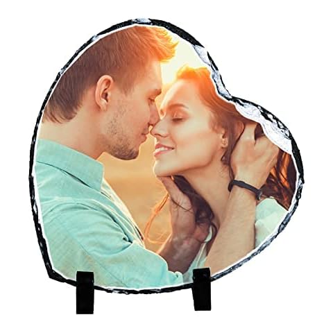 Personalized Picture Stone Frame Custom Rock Slate Photo Plaque Display Customized Memorial Photo Gift for Valentine's Day,Wedding,Birthday, Baby Birth,Mother & Father's Day,Heart Shape 8" Cover