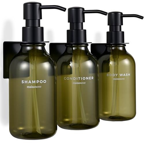 Image of Shampoo and Conditioner Dispenser Wall Mounted Set of 3 Green - No Drill Shower Soap Dispenser for Bathroom Refillable - Spa Hotel Style Accessories by MaisoNovo