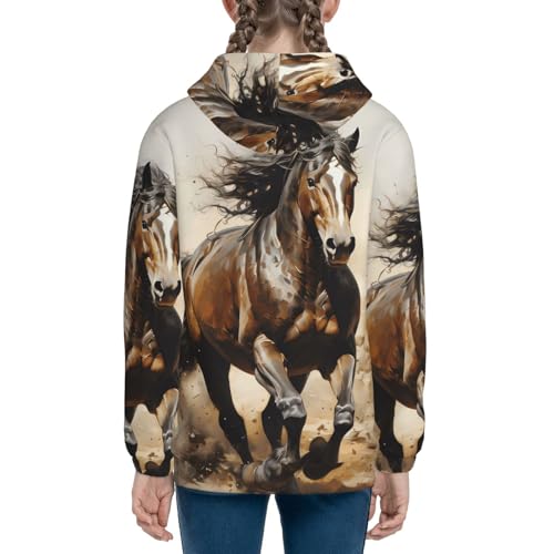 Western Horse Print Girls Athletic Zip Up Hoodies,Sweatshirts with Pockets Long Sleeve Hooded Jackets, for 7-18 Y4