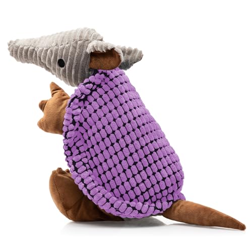 Image of Hollypet Plush Dog Squeaky Toy Stuffed Armadillo Animal Pet Puppy Chew Toys with Clean Teeth for Small Medium Large All Breed Sizes Dogs, Purple, 10 in