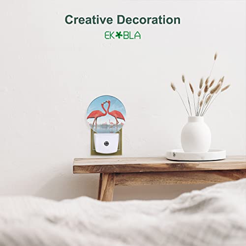 Image of EKOBLA Watercolor Tropical Flamingo Night Light, Pink Birds Plug into Wall with Dusk to Dawn Light Sensors, Warm Nightlights for Bedroom, Bathroom, Hallway, Kitchen