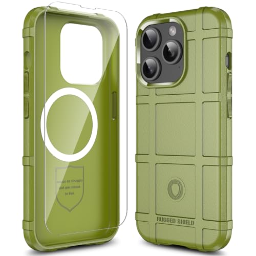 Coque iPhone 15 Pro tactique MagSafe anti-chute en TPU épais Rugged Shield Vert armée