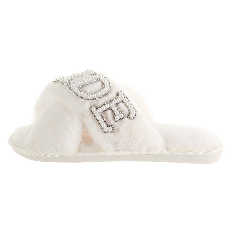 Bride Slippers for Wedding Day White Fuzzy Slippers with Pearls for Bachelorette Party Bridal Shower Gifts4