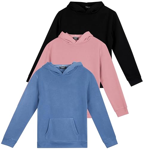 Real Essentials 3 Pack: Girls' Soft Brushed Fleece Pullover Hoodie Sweatshirt With Kangaroo Pocket (Ages 4-16)