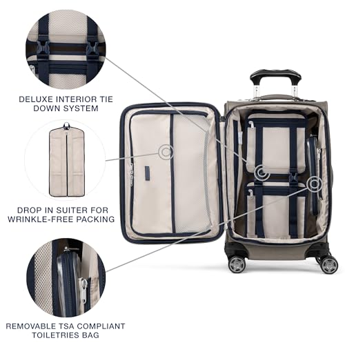 Image of Travelpro Platinum Elite Softside Expandable Carry on Luggage, 8 Wheel Spinner Suitcase, USB Port, Suiter, Men and Women, Metallic Sand, Carry On 21-Inch